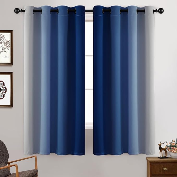 Yakamok Greyish White and Royal Blue Ombre Curtains,Light Blocking Curtains,Room Darkening Grommet Window Drapes for Bedroom(Royal Blue,52x63 Inch,2 Panels)