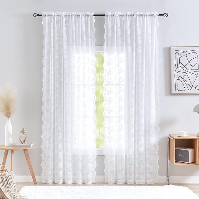 YJ YANJUN Vintage Lace Curtains 84 Inches Long 2 Panels-Victorian Floral Old World Style Cottage Shabby Chic White Sheer Curtains for Living Room Bedroom Rod Pocket Light Filtering 52 x 84 Inch