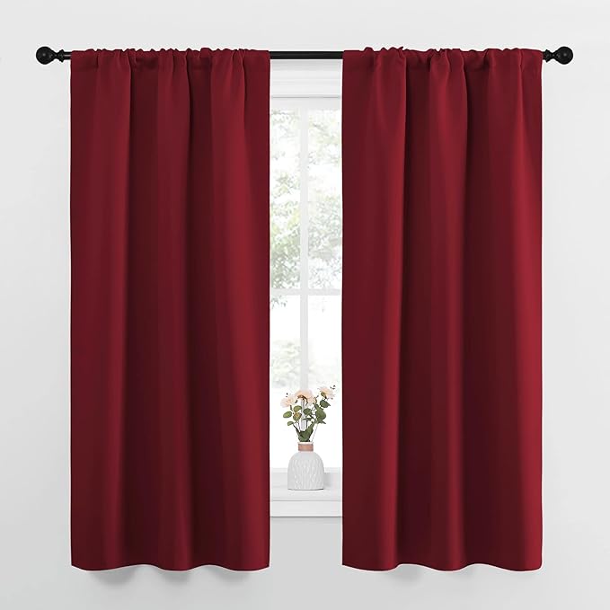 NICETOWN Christmas Burgundy Curtains Blackout Drape Panels - Lights Block Out Window Treatment Short Curtain Sets for Loft and Basement Decoration (Set of 2, 34 by 63-Inch)