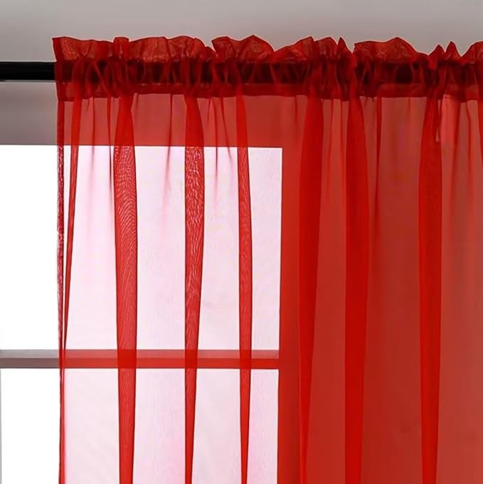 SpaceDresser Basic Rod Pocket Sheer Voile Window Curtain Panels Red 1 Pair 2 Panels 52 Width 36 Inch Long for Kitchen Bedroom Children Living Room Yard（Red, 52W x 36L）