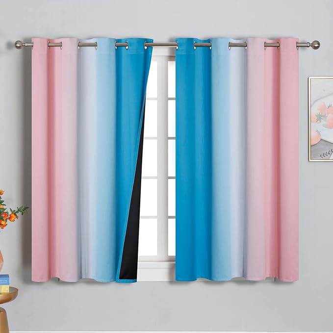 Ombre Pink and Blue Blackout Curtains 54 Inches Long, Full Light Blocking Curtains for Bedroom, Wavy Line Pattern Grommet Thermal Insulated Gradient Drapes for Living Room,52x54 Inch, 2 Panels