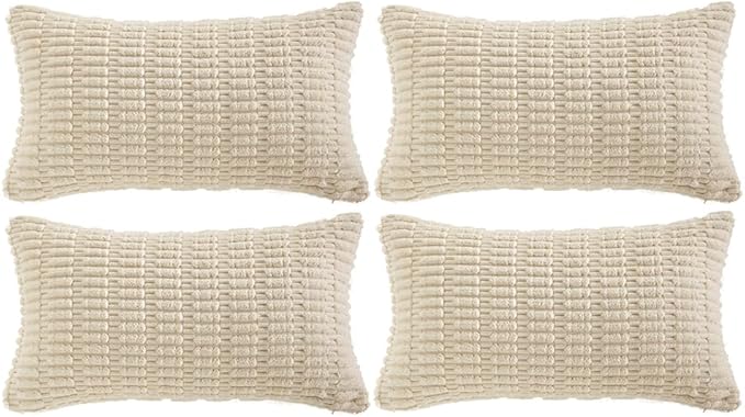 Fancy Homi 4 Packs Boho Cream Decorative Throw Pillow Covers 12x20 Inch for Living Room Couch Bed Sofa, Rustic Modern Farmhouse Home Decor, Soft Plush Corduroy Beige Cute Square Cushion Case 30x50 cm