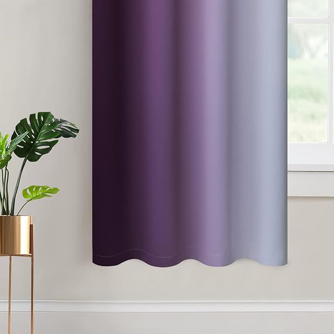 Yakamok Thermal Insulated Ombre Curtains 63 Inch Length 2 Panels, Greyish White and Purple Light Blocking Gradient Color Curtains, Room Darkening Grommet Window Drapes for Bedroom
