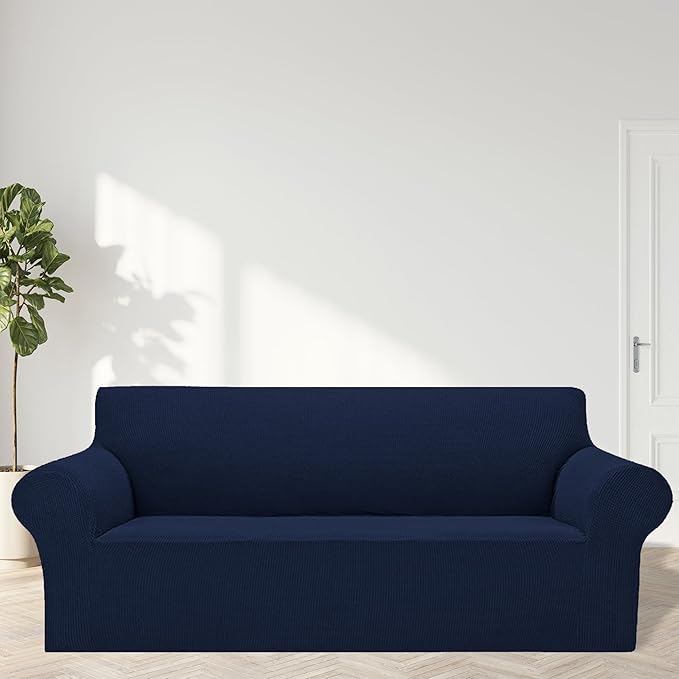 Cupuamon 2026 New Stretch Sofa Slipcovers Couch Cover for 3 Cushion Furniture Protector Sofa Covers with Elastic Bottom Jacquard Fabric Small Checks for Pets, Kids -Sofa, Navy