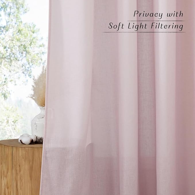 NICETOWN Blush Pink Short Linen Curtains for Kitchen, Thick Flax Small Window Treatments Semi Sheer Privacy Assured with Light Through for Cafe/Bathroom, W42 x L48, 2 Panels