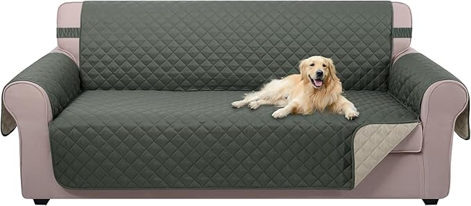 U-NICE HOME Reversible Sofa Cover Couch Cover for Dogs with Elastic Straps Water Resistant Furniture Protector for Pets for 3 Cushion Couch (Sofa, Grey/Beige)