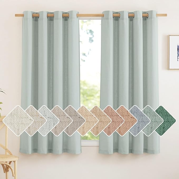 NICETOWN Sage Green Curtains 63 inches Long, Grommet Thick Flax Linen Blend Window Treatment Privacy Added with Light Filtering for Bedroom/Children's Room, 2 Panels, W55 x L63