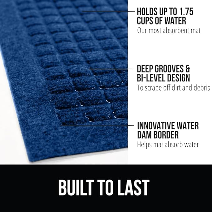 GORILLA GRIP® Ultra Absorbent Front Door Mat Outside Entrance, Traps Dirt and Moisture, HydroABSORB Indoor Outdoor Doormat Holds Up to 1.7 Cups Water, Stain and Fade Resistant Welcome Mat, 29x17, Blue