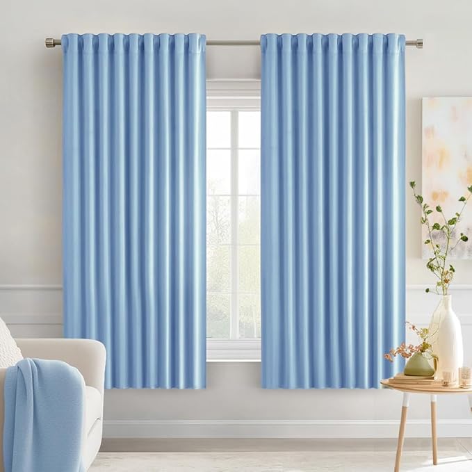 MIULEE Sky Blue Back Tab Blackout Curtains 63 Inch Length 2 Panels Set for Living Room Bedroom Privacy, Rod Pocket/Pinch Pleat Thermal Insulated Room Darkening Pleated Light Blocking Drapes
