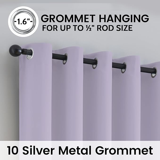 SimpleHome 100% Blackout Curtains for Bedroom,Thermal Insulated Lilac Grommet Window Drapes Room Darkening Curtains for Living Room with Black Back,62 x 63 Inch,2 Panels