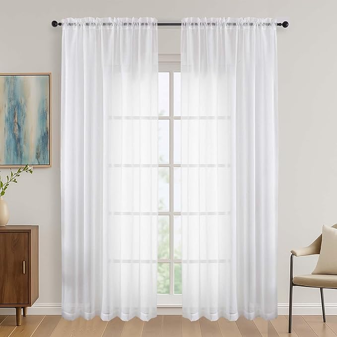 OVZME White Sheer Curtains 84 Inches Long 2 Panels Set, 59 Inch Extra Wide Light Filtering Sheer White Curtains for Living Room Bedroom, Modern Voile Filmy Rod Pocket Window Drapes, 59Wx84L Inches