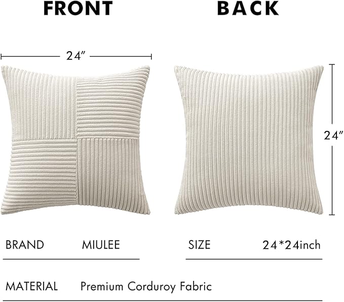 MIULEE Beige Decorative Euro Sham Pillow Covers 24x24 Inch for Bed Couch Sofa Pack of 2 Boho Neutral Farmhouse Throw Pillows Soft Cross Corduroy Patchwork Textured Cushion Cases