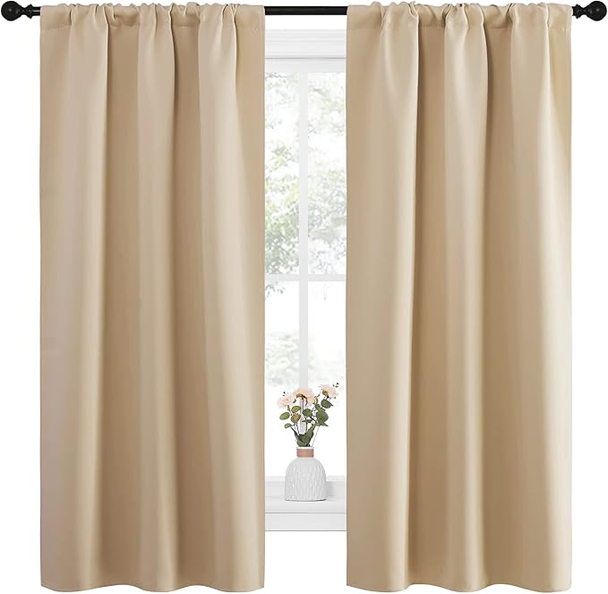 NICETOWN Blackout Room Darkening Curtains - Home Decoration Light & Noise Reducing Thermal Insulated Window Draperies with Rod Pocket Top (Biscotti Beige, 2 Panels, 34 inches Wide x 63 inches Long)