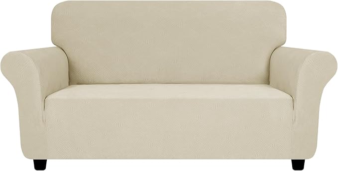 ZNSAYOTX Super Stretch Loveseat Covers (57"-70"), New Striped Love Seat Slipcover, Dogs Pet Friendly Anti-Slip Couch Protector Spandex Durable 2 Seater Fabric Sofa Cover (Khaki, Loveseat)