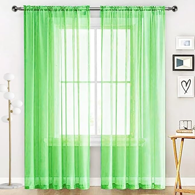 SpaceDresser Sheer Voile Window Treatment Rod Pocket Curtain Panels for Kitchen Bedroom Living Room Drapes Sunlight Filtering Privacy Semi Home Decor Assorted Colors Sizes (Sharp Green, 52 W x 63 L)