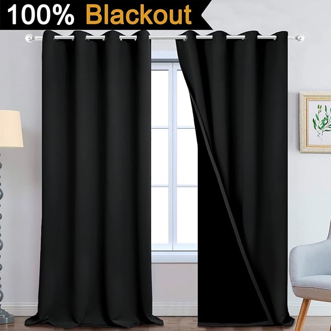 Yakamok 100% Blackout Lined Panels, Room Darkening Thermal Insulated Blackout Curtains for Bedroom, Heat Blocking Drapes for Living Room(52Wx108L, Black, 2 Panels)