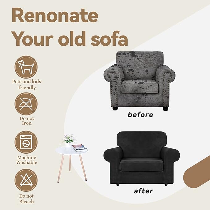 WEERRW Velvet Stretch Chair Sofa Slipcover - 2 Pieces Luxury Soft Velvet Plush Couch Cover Furniture Protector with Elastic Bottom for Pets, Machine Washable, Black, Small