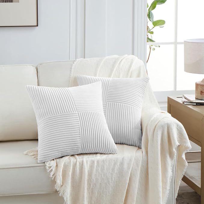 Fancy Homi 2 Packs White Samll Decorative Throw Pillow Covers 14x14 Inch with for Couch Bed Sofa, Rustic Farmhouse Boho Home Decor, Soft Corss Patchwork Corduroy Square Cushion Case 35x35 cm