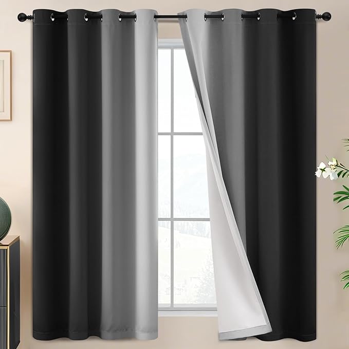 SimpleHome Ombre 100% Blackout Curtains for Bedroom 63 Inches Long, Black with White Liner Room Darkening Thermal Insulated Grommet Curtain/Drapes for Living Room,2 Panels Set