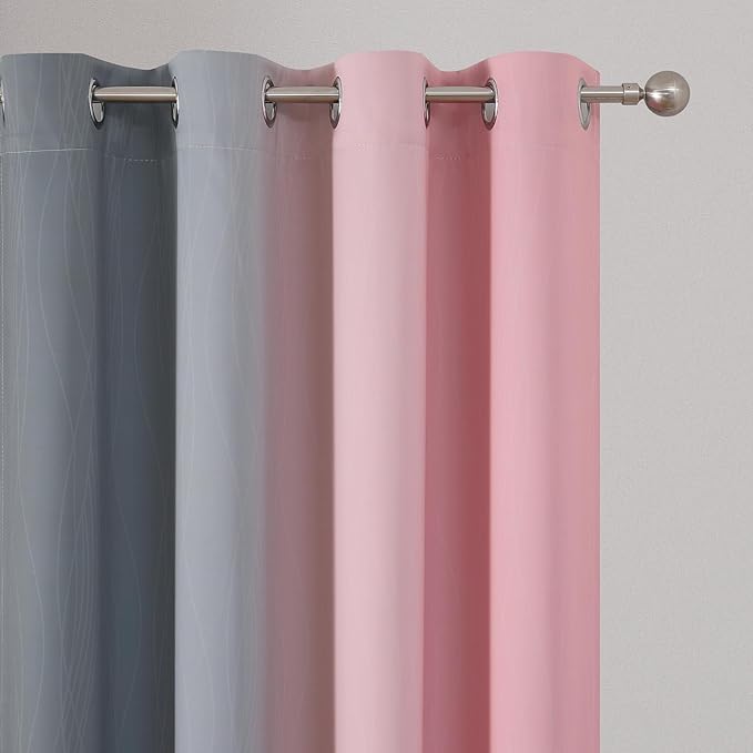 Estelar Textiler Pink and Grey Ombre Blackout Curtains 102 Inches Long for Bedroom, Thermal Insulated Full Room Darkening Grommet Gradient Drapes for Living Room, 52Wx102L, 2 Panels