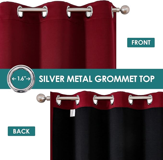 ChrisDowa 100% Blackout Curtains for Bedroom with Black Liner, 2 Thick Layers Total Blackout Thermal Insulated Grommet Window Curtains 2 Panels Set (Burgundy, 52 x 54 Inch)