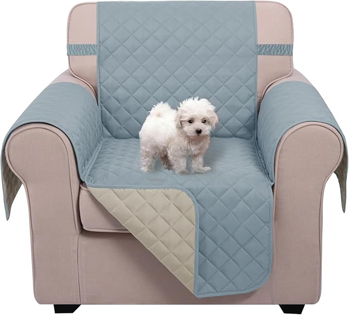 U-NICE HOME Reversible Oversized Chair Covers Quilted Water Repellent Pet Protectors with Elastic Straps(28''Armchair, Light Blue/Beige)