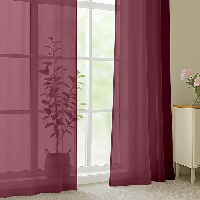 OWENIE Sheer Curtains 2 Panels Set for Bedroom Living Room, Soft Solid Rod Pocket Light Filtering Window Treatment, 2Pcs Each 59" W x 120" L, Burgundy Wine