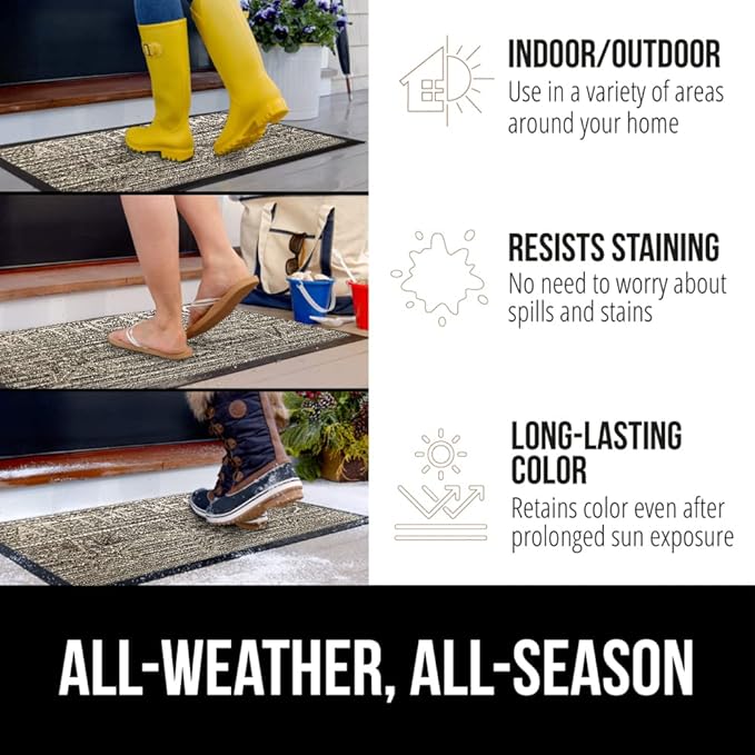 GORILLA GRIP 100% Waterproof All-Season WeatherMAX Doormat, 47x35, US Designed Natural Rubber, Stain and Fade Resistant, Low Profile Indoor Outdoor Door Mats, Easy Clean Patio Mat, Sand Beach