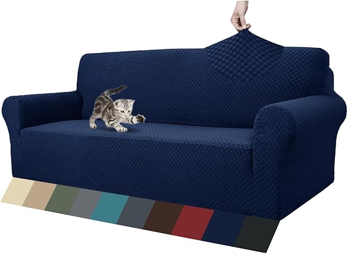 ZNSAYOTX 1 Piece Jacquard Couch Covers for 3 Cushion Couch Living Room High Stretch Sofa Cover Pets Dogs Friendly Anti Slip Thickened Slipcovers Furniture Protector (Sofa, Navy Blue)