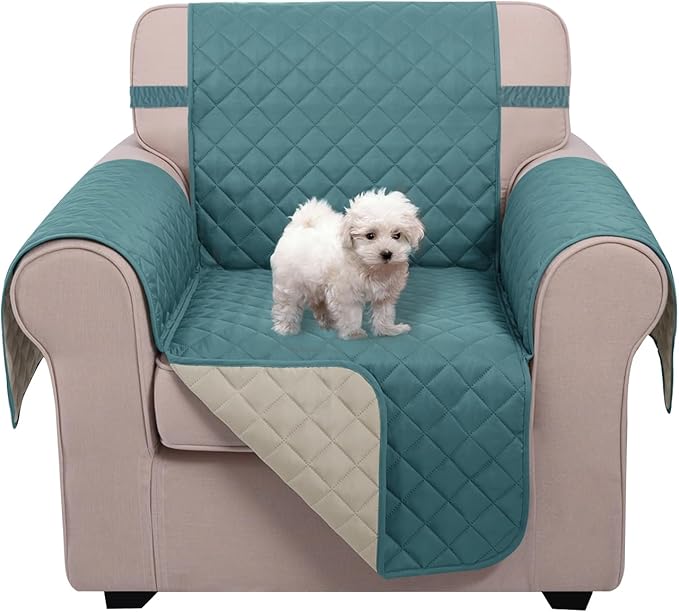 U-NICE HOME Recliner Chair Covers Reversible Chair Cover Pet Covers for Dogs with Elastic Straps Water Resistant Diamond Quilted (23''Armchair, Blue/Beige)