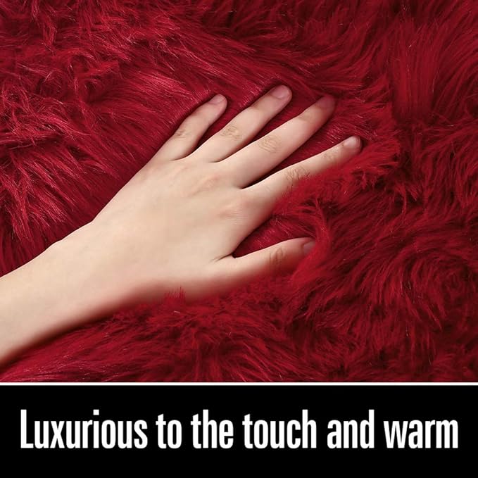 LOCHAS Soft Fluffy Faux Fur Rugs for Bedroom Bedside Rug 2x4 Feet, Washable, Furry Sheepskin Area Rug for Living Room Girls Room, Luxury Shag Carpet Home Decor, Red