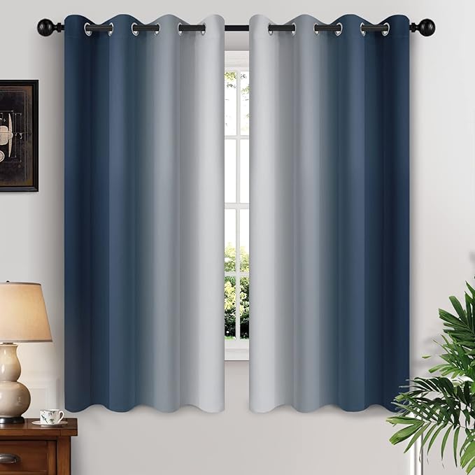 Yakamok Room Darkening Ombre Curtains 63 Inch Length, Navy Blue and Greyish White Thermal Insulated Gradient Color Curtains,Light Blocking Grommet Window Drapes for Bedroom,52 Inch Width,2 Panels