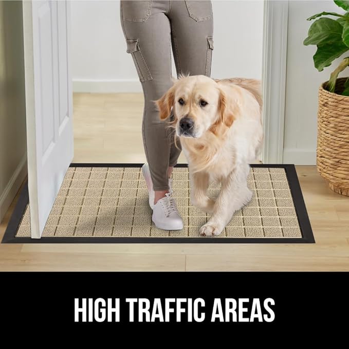 GORILLA GRIP 100% Waterproof All-Season WeatherMAX Doormat US Designed Natural Rubber, Stain and Fade Resistant, Low Profile Indoor Outdoor Door Mats, Easy Clean Patio Mat, 29x17, Taupe Grid