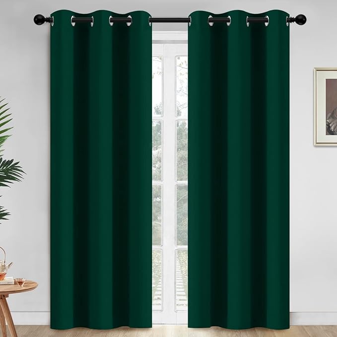 Yakamok Dark Green Blackout Curtains for Bedroom, Light Blocking Window Treatment Drapes Solid Grommet Top Curtains for Living Room,42W x 84L,2 Panels
