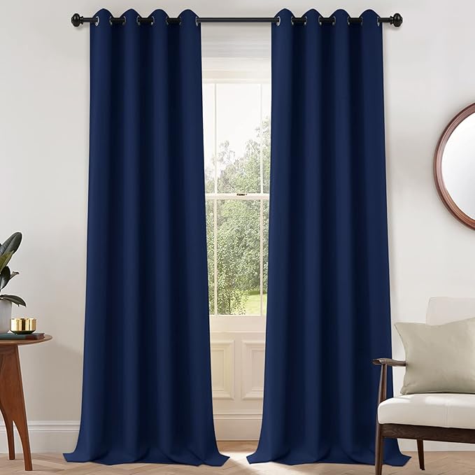 Yakamok Light Blocking Window Blackout Curtains Thermal Insulated Room Darkening Drapes for Bedroom,Solid Grommet Top Window Panels, 52x108 Inch, Navy Blue, One Pair