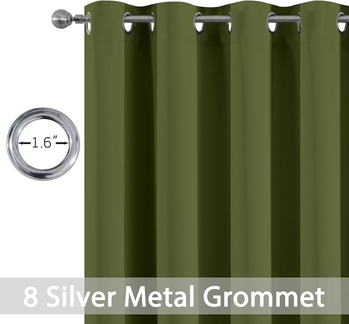 Yakamok Olive Green Blackout Curtains with Grommet Green Room Darkening Thermal Insulated Curtain Set of 2 Drapes for Bedroom Living Room, 52W x 96L,2 Panels