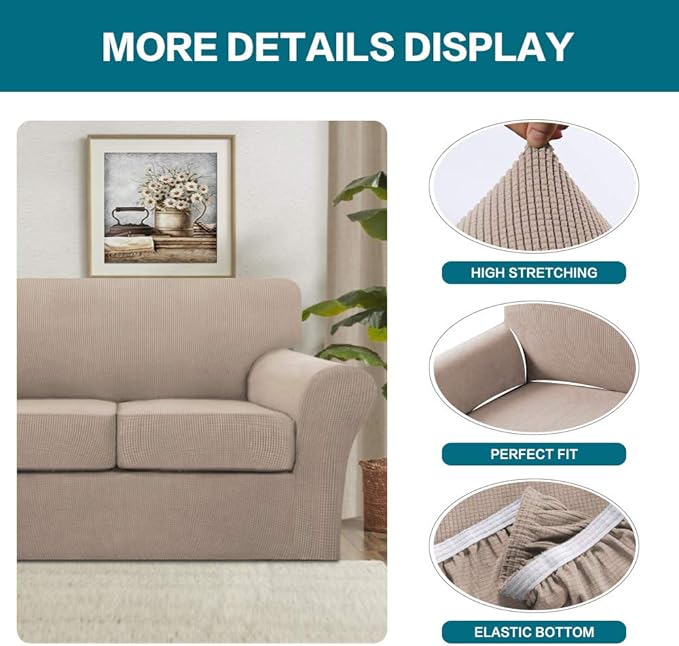 Turquoize 3 Piece Sofa Covers for 2 Cushion Couch Sofa Slipcover Soft Couch Cover for Dogs-Washable Sofa Furniture Covers with 2 Individual Cushion Covers (2 Cushion Sofa, Sand)