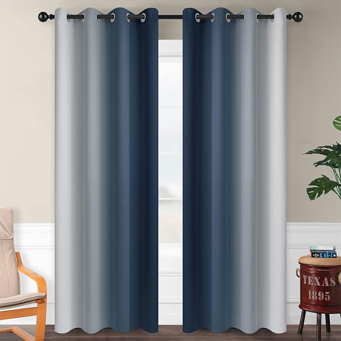 SimpleHome Navy Blue Ombre Room Darkening Curtains for Living Room, Light Blocking Gradient Thermal Insulated Grommet Window Curtains/Drapes for Bedroom, 2 Panels, 52x84 inches Length