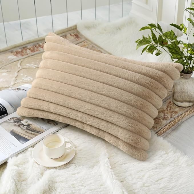 decorUhome Cozy Faux Fur Throw Pillow Covers 12x20 Set of 2 Decorative Soft Plush Striped Lumbar Modern Farmhouse Boho Couch Pillow Cases with Velvet Back for Sofa Bed Living Room, Khaki Brown