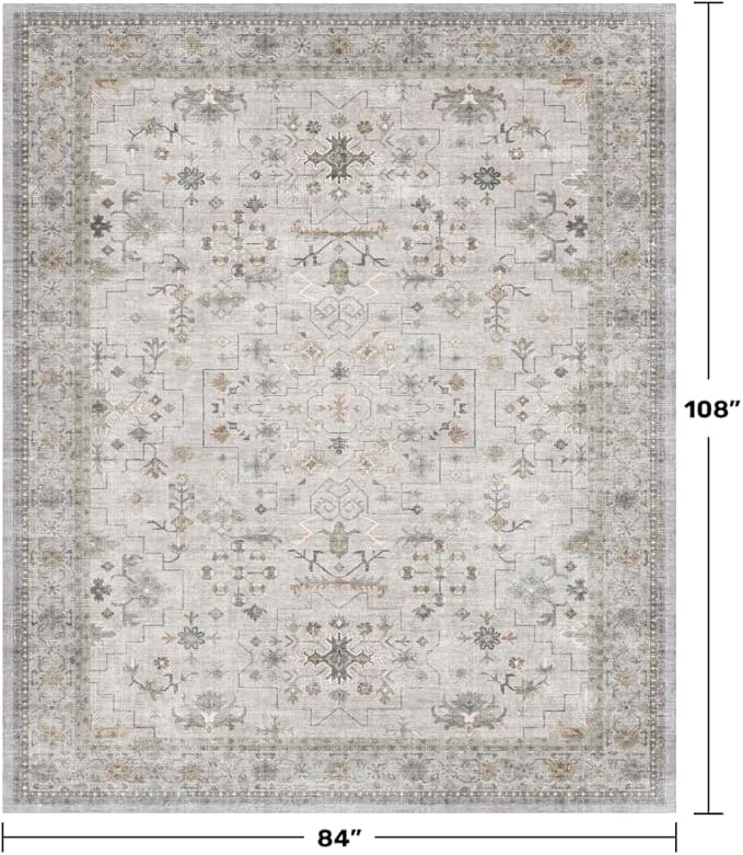 Hazo Haus Boho Light Grey Living Room Rug 7x9 - Modern Eclectic Floral Paste Neutral Taupe, Washable Low Pile Non-Slip Large Area Rugs for Dining Under Table, Bedroom Under Bed