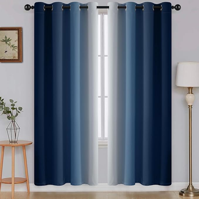 SimpleHome Ombre Room Darkening Curtains for Living Room, Light Blocking Gradient Blue to Greyish White Thermal Insulated Grommet Window Curtains/Drapes for Bedroom, 2 Panels, 52x72 inches Length