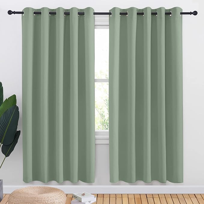 NICETOWN Greyish Green Blackout Draperies Curtains for Kids Room, Window Treatment Thermal Insulated Solid Grommet Blackout Drape Panels for Bedroom (Set of 2, 70 by 72 inches)