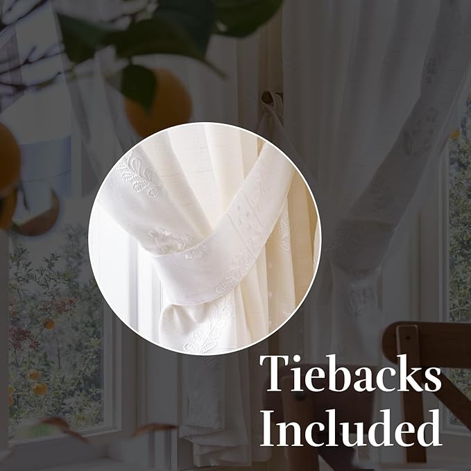 jinchan Belrose Linen Floral Cafe Curtains 45 Inch Length Embroidered Farmhouse Curtains for Kitchen Bedroom Bathroom Small Windows Curtain Set Light Filtering 2 Panels White