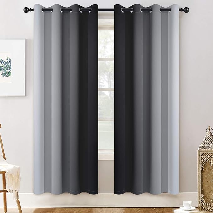 Yakamok 72 Inch Length Black and Greyish White Ombre Curtains, Light Blocking Gradient Color Curtains, Room Darkening Thermal Insulated Grommet Window Drapes for Bedroom (2 Panels, 52x72 Inch)