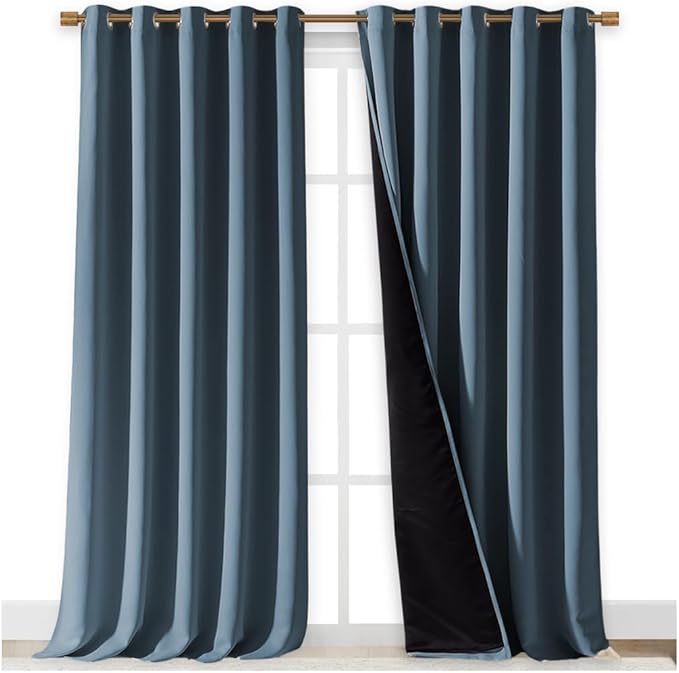 NICETOWN 100% Blackout Curtains for Windows, Pack of 2, 70" W x 108" L, Smoky Blue, Super Heavy-Duty Black Lined Total Darkness Drapes for Bedroom, Privacy Assured Window Treatment for Patio