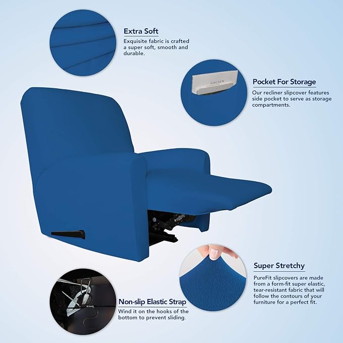 PureFit Super Stretch Chair Sofa Slipcover with Pocket – Spandex Non Slip Soft Couch Sofa Cover, Washable Furniture Protector with Elastic Bottom for Kids, Pets （Recliner, Classic Blue）