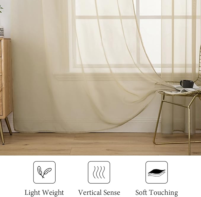MIULEE 2 Panels Solid Color Sheer Window Curtains Elegant Window Voile Panels/Drapes/Treatment for Bedroom Living Room (54X90 Inches Beige)