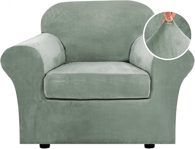 H.VERSAILTEX Rich Velvet Stretch 2 Piece Cover Chair Slipcover Sofa Cover Furniture Protector Couch Soft with Elastic Bottom Chair Couch Cover with Arms Width Up to 49 Inch(Chair, Sea Grass)