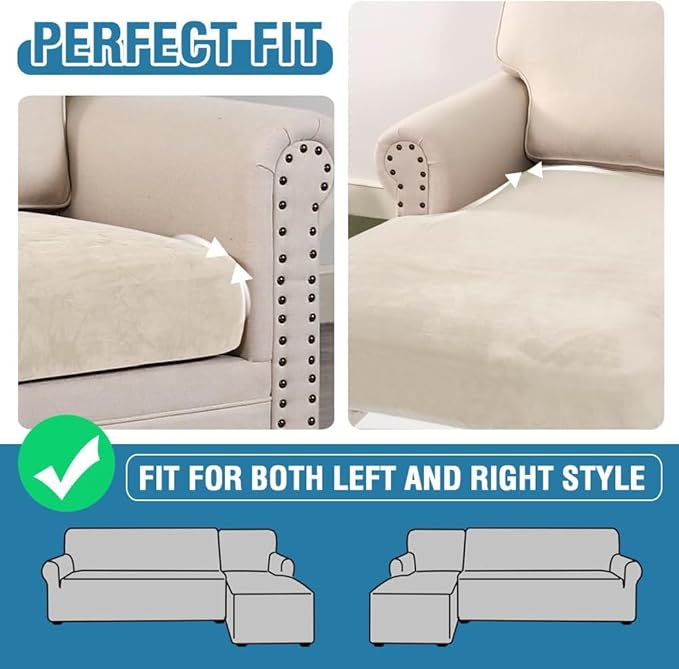 H.VERSAILTEX Velvet Stretch Sectional Couch Covers 3 Pieces Sofa Seat Cushion Covers L Shape Separate Couch Cover for Both Left/Right Sectional Couch (Large Sofa 2 Seater + 1 Chaise, Cream)