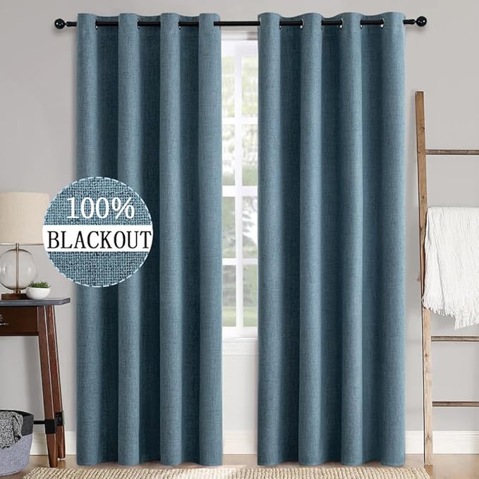 MIULEE 2 Panels Blackout Curtains Polyester Texture Opaque Curtains for Bedroom 100% Blackout Thermal Insulated Dusty Blue Curtains 90 Inches Long for Living Room